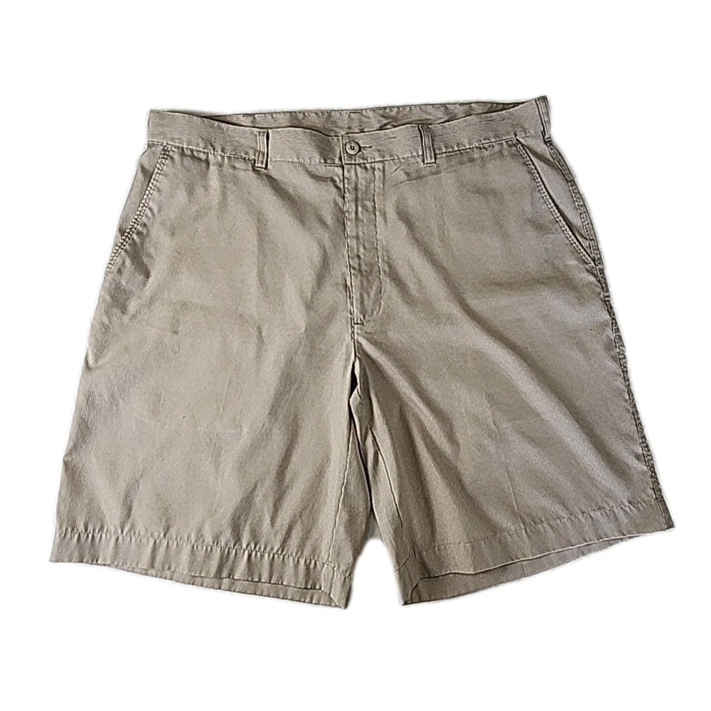 Alan Flusser Men's 38 Golf Chino Shorts Tan & White Seersucker Modern Easy EUC